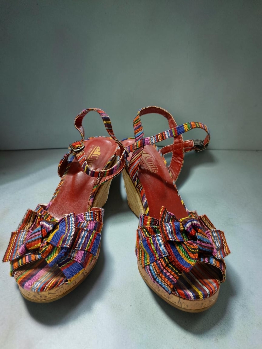 Colorful Striped Bow Wedge Sandals - Women's